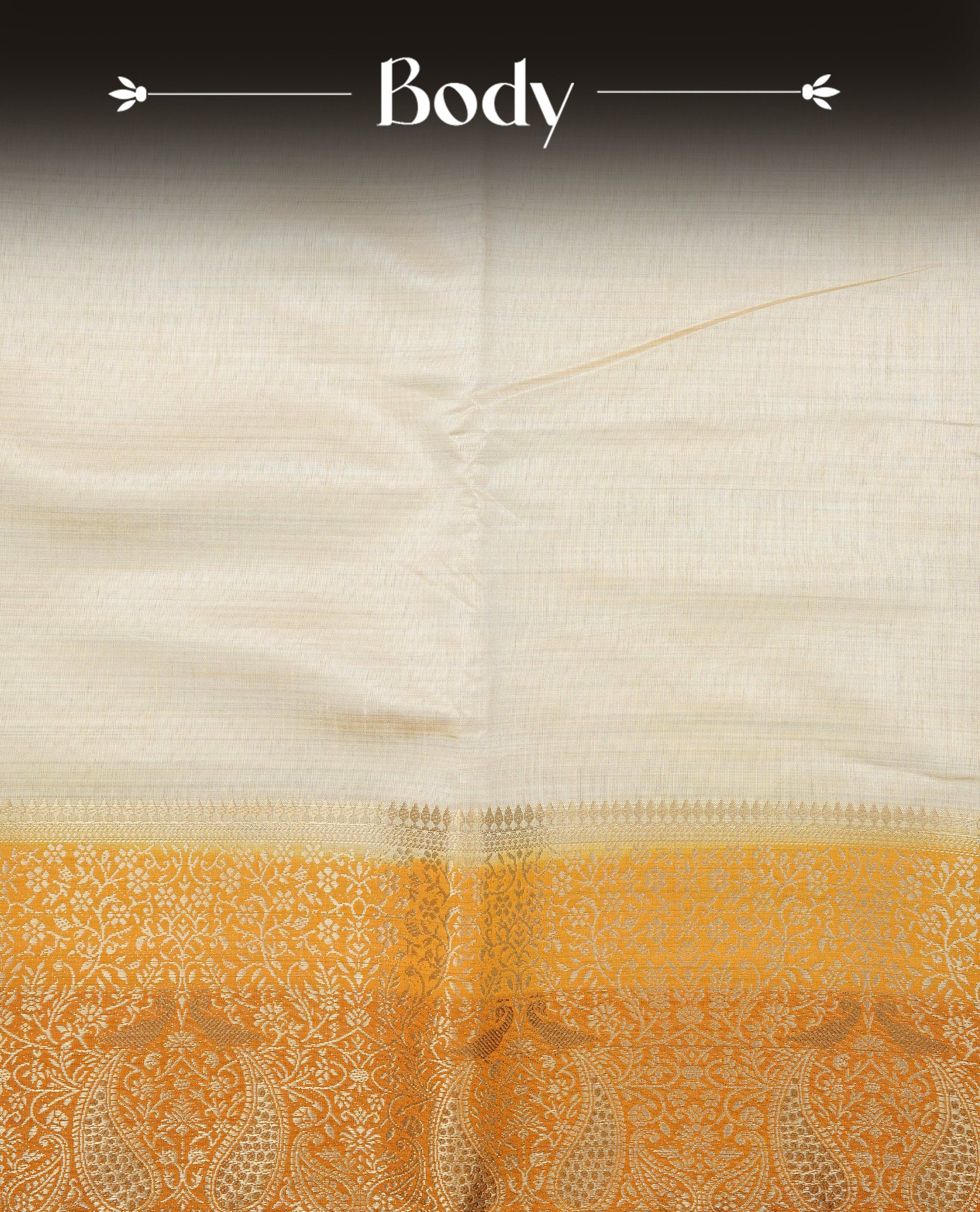 Light gold tussar saree featuring Elegant plain body, complemented by contrast Orange yellow  colour with Gold zari Floral kodi with Peacock Pattern border, comes with matching blouse piece.