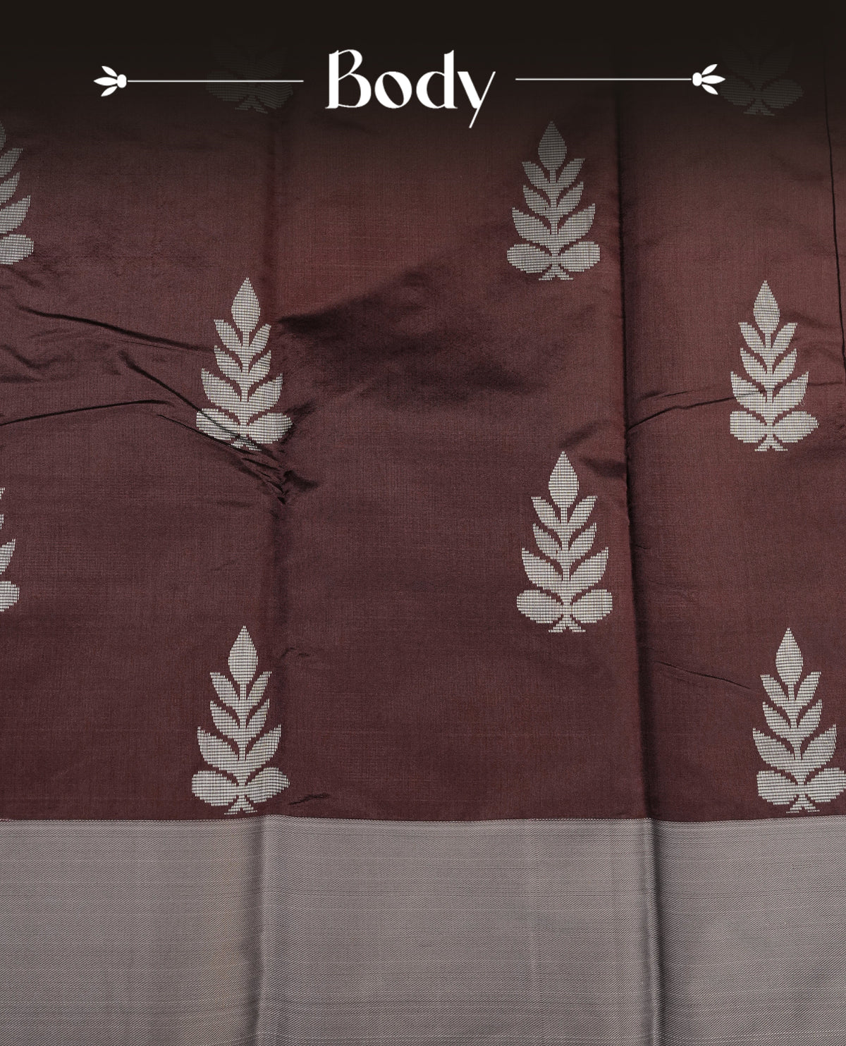 Dark brown colour silk cotton saree featuring ash colour thread motifs on body thread detiled contrast borders & pallu,comes with matching blouse piece
