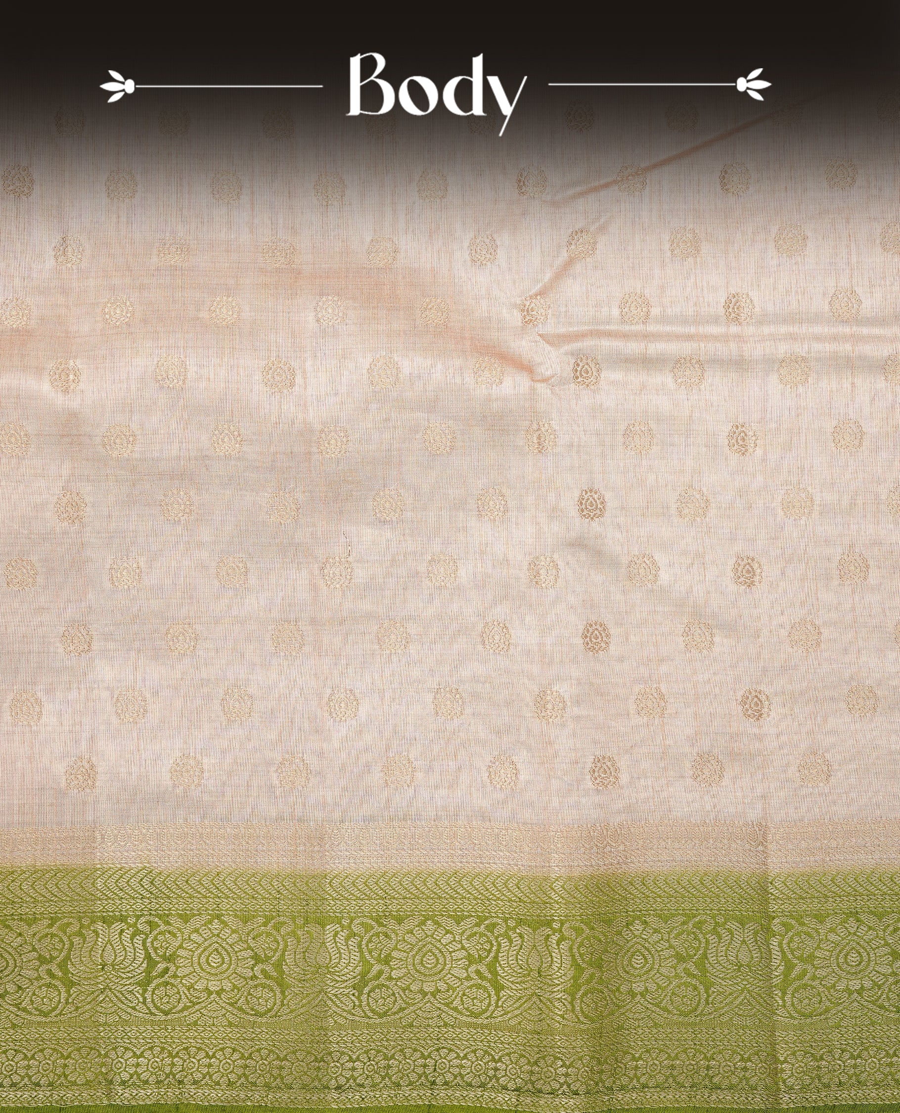 Light Gold Tussar saree featuring Gold zari buttas on body, complemented by contrast light green Colour with Gold zari border, comes with matching blouse piece.
