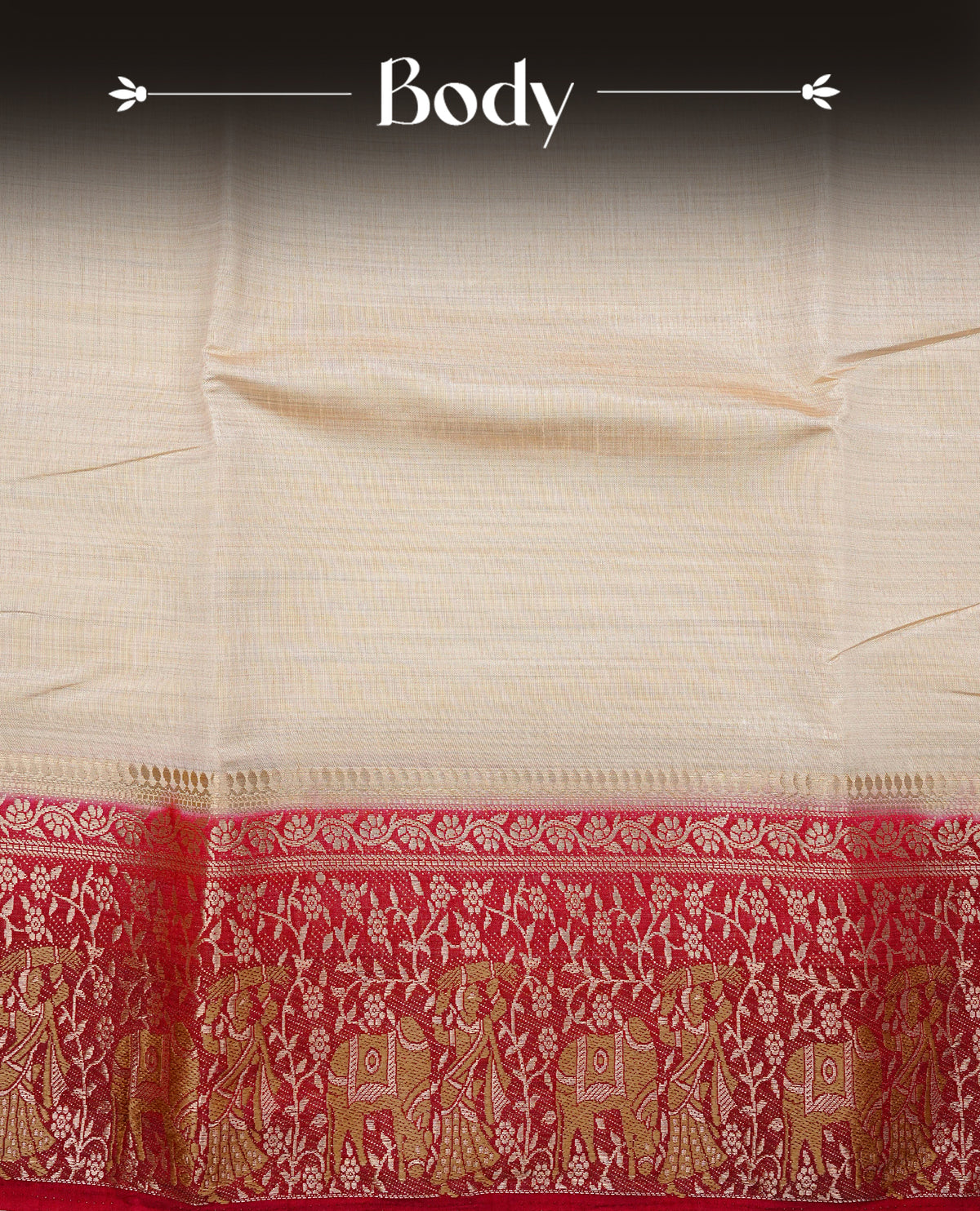 Light gold tussar saree featuring Elegant plain body, complemented by contrast Maroon colour with Gold zari Floral kodi with Women & Cow Pattern border, comes with matching blouse piece.