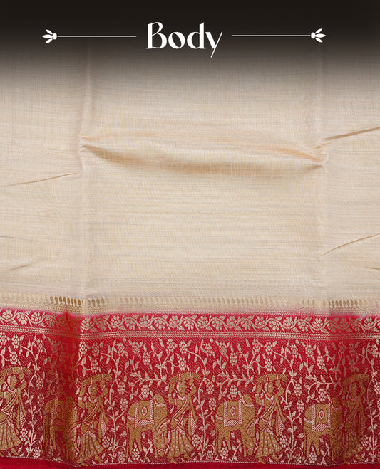 Light gold tussar saree featuring Elegant plain body, complemented by contrast Maroon colour with Gold zari Floral kodi with Women & Cow Pattern border, comes with matching blouse piece.