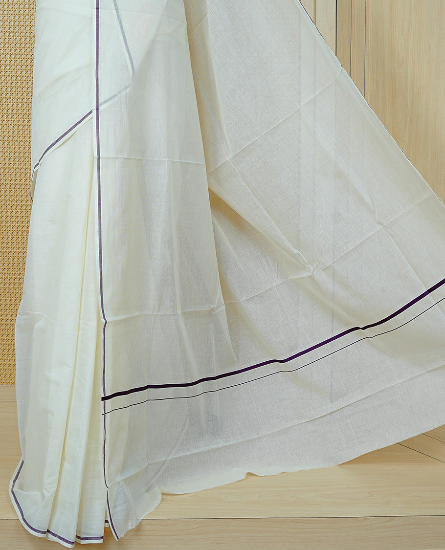 Cream Colour Cotton Kerala Saree Featuring A Classy Plain Body For Effortless Elegance, Enhanced By A Minimalist  Grape Border, Paired With A Matching Blouse Piece
