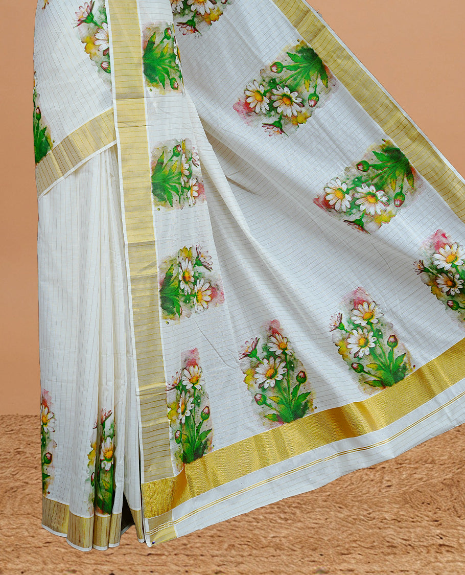 Cream Colour Kerala Saree Featuring Gold Stripes On The Body, Complemented By A Traditional Gold Zari And Floral Printed Border, Paired With A Matching Blouse Piece.