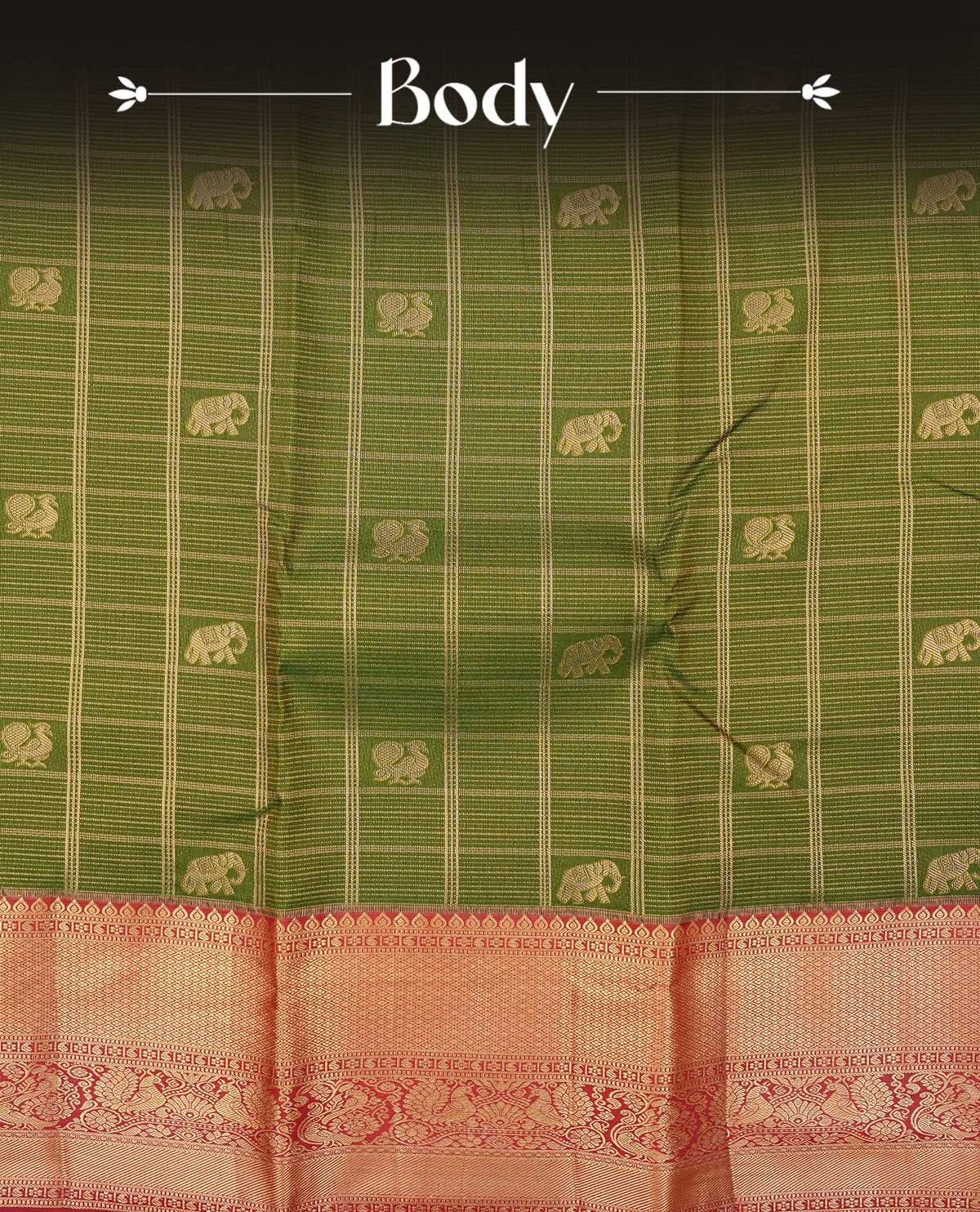 Olive green colour semi wedding saree featuring gold zari check with elephant motifs on body complemented by contrast maroon colour with traditional border, comes with matching blouse piece.