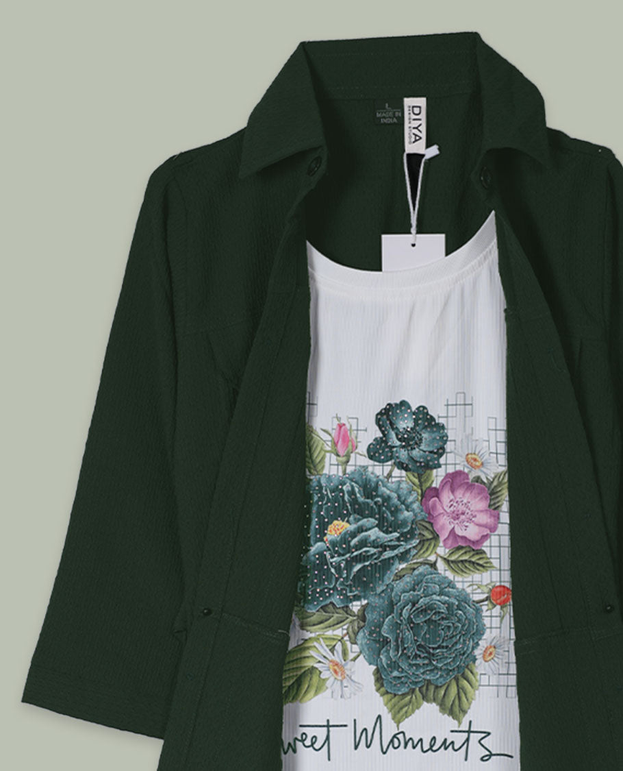 Deep forest green open-front shrug with collared neckline and three-quarter sleeves, layered over a white floral graphic tank top