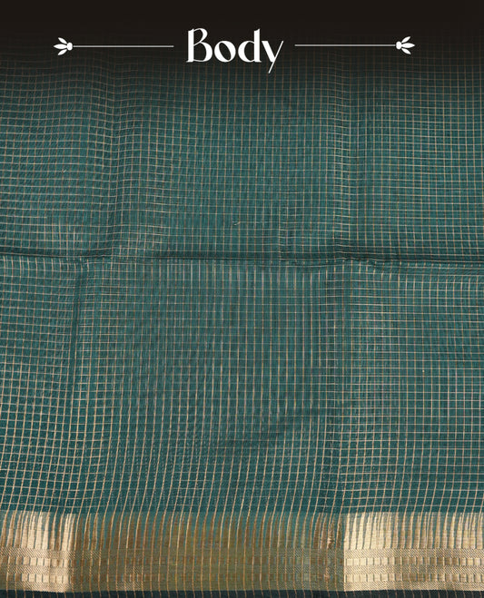 Green colour Maheshwari cotton saree, gold zari small checks on body, complement self colour gold zari temple design border comes with matching blouse.