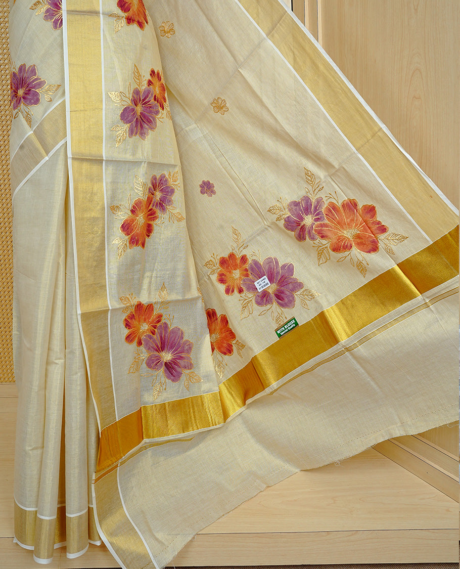 Cream colour Tissue kerala saree featuring Embroidery buttas on body, complemented by Floral thread work with Print & kasavu kara, comes with matching blouse piece.