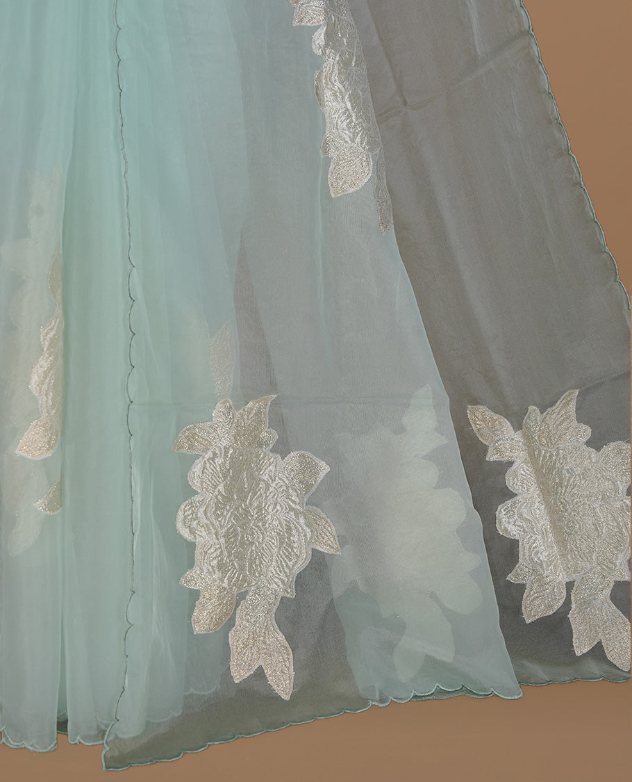 Light mint colour semi organza saree featuring white floral & gold thread pattern, highlighting scalp design border, paired with matching blouse piece.