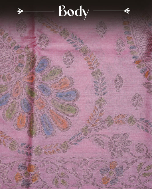 Pink colour pure tussar silk saree featuring elegant antique zari kodi patterns across the body, designed with a graceful borderless finish for a refined look. Paired with a matching blouse piece.