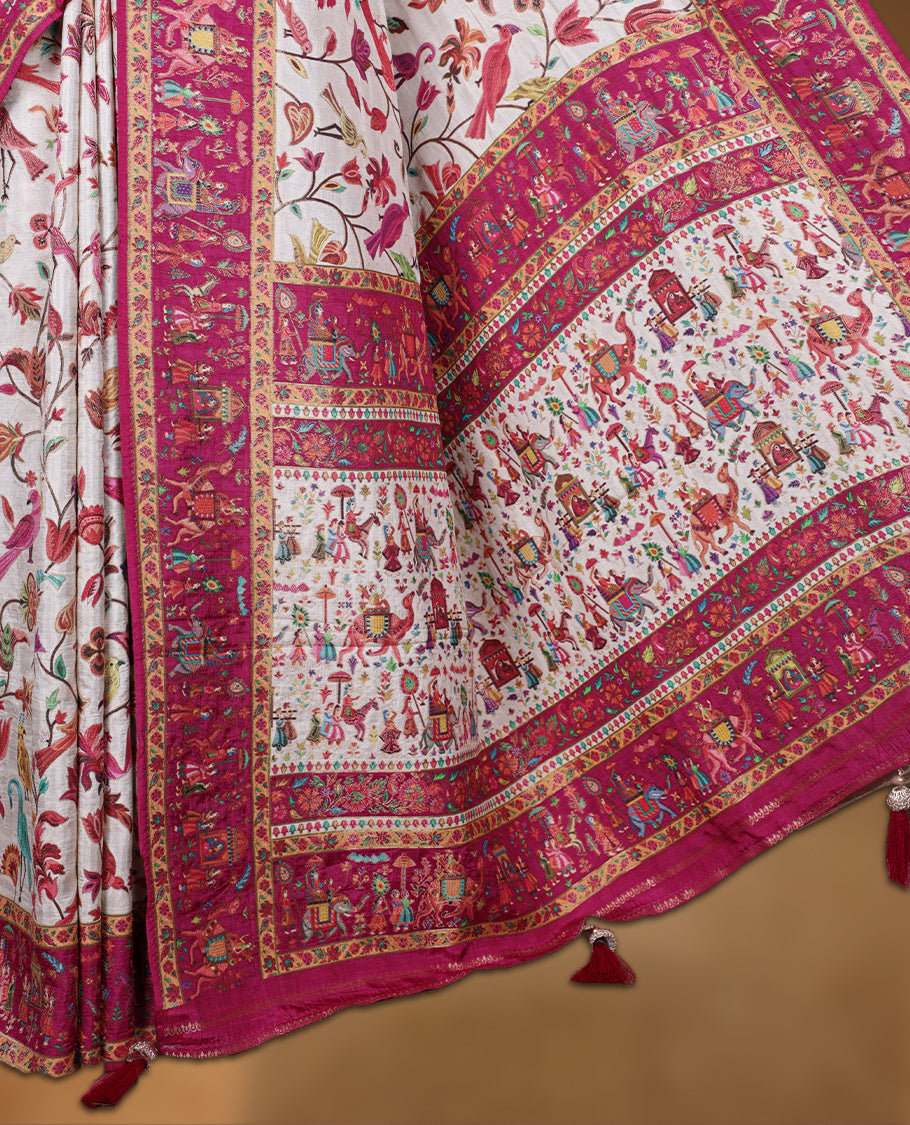 Ivory colour Pashmina silk saree intricately woven with multicolour birds and floral vines on the body, framed by a vibrant pink zari border and grand storytelling pallu with royal procession motifs, paired with a matching woven border blouse piece.