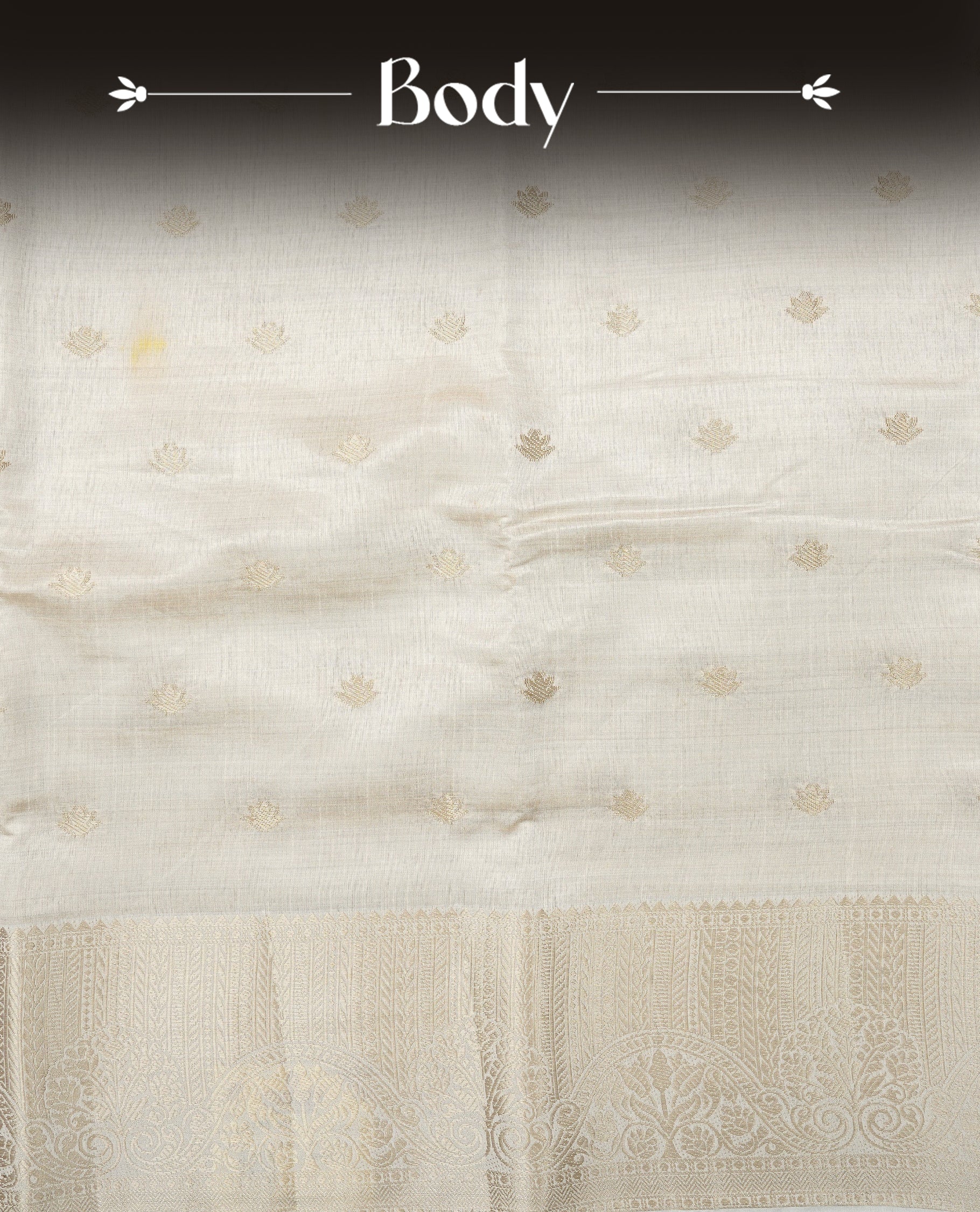 Off white gold Tussar saree featuring Gold zari buttas on body, complemented by self colour with traditional border, comes with matching blouse piece.