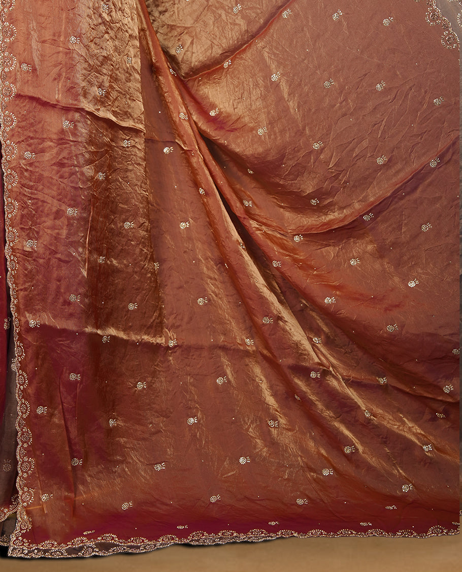 Brown and Magenta Double Shade Colour Chiffon Designer Saree featuring Delicate White Stone Work All Over the Body, with Stone Detailing on the Border and Pallu, paired with a Matching Blouse.