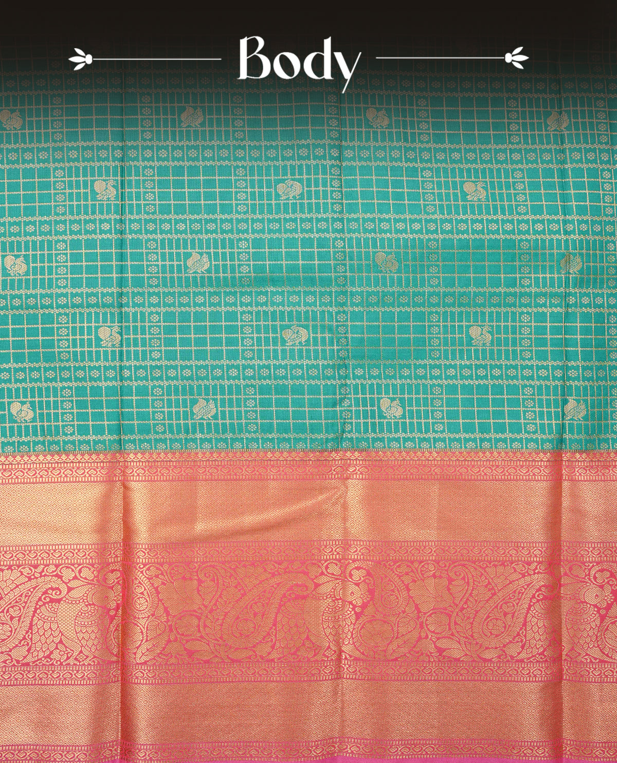 Green colour semi wedding saree featuring gold zari check with peacocok motifs on body complemented by contrast magenta colour with traditional border, comes with macthing blouse piece.
