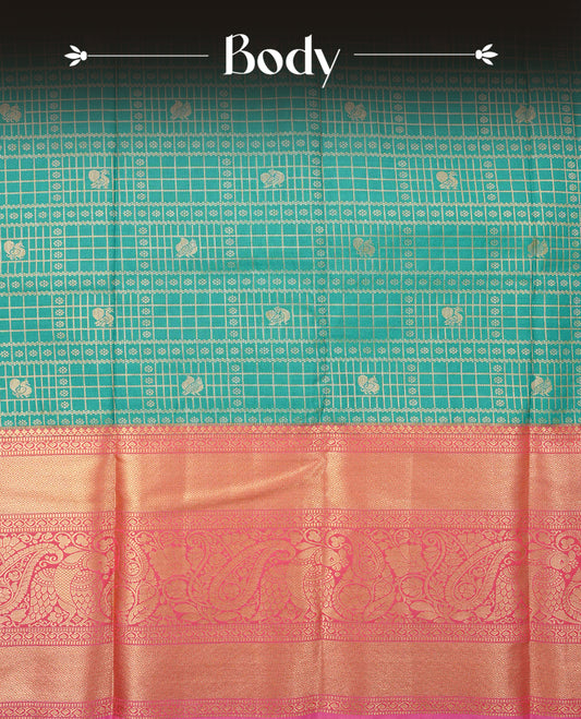 Green colour semi wedding saree featuring gold zari check with peacocok motifs on body complemented by contrast magenta colour with traditional border, comes with macthing blouse piece.