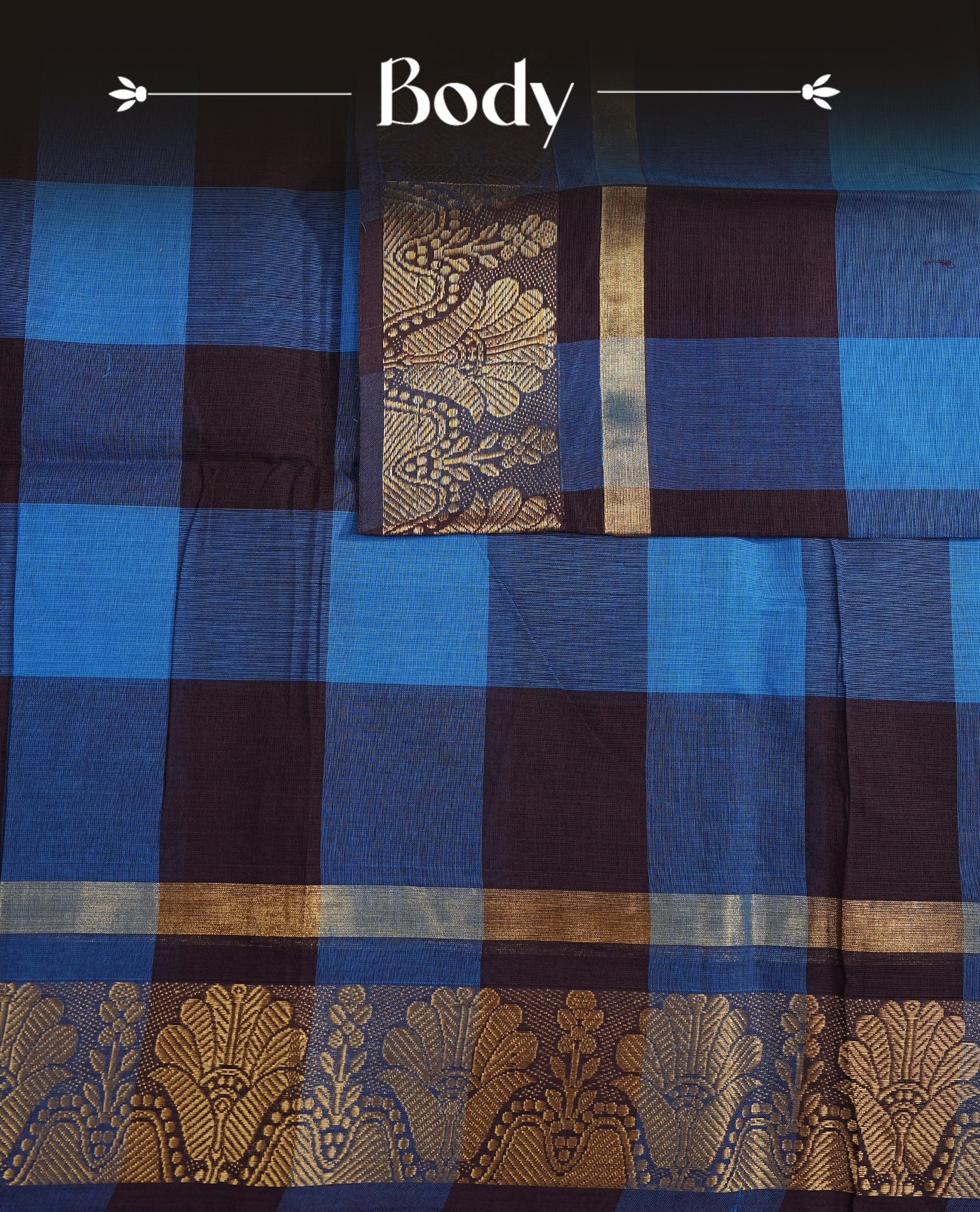 Deep purple & Blue colour chettinad cotton saree featuring check pattern on body, complemented by Self Colour with gold zari border, comes with matching blouse piece.