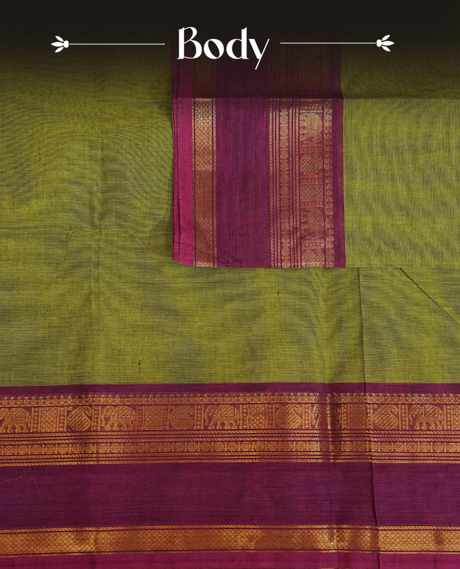 Lemon green colour chettinad cotton saree featuring elegant plain body, Contrast Magenta colour with Gold zari border, comes with matching blouse piece.