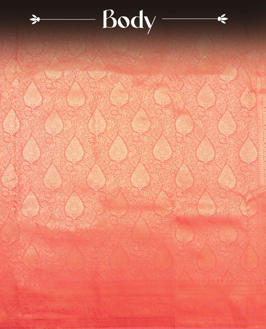 Pink colour semi silk brocade saree featuring intricate Gold Floral kodi patterns across the body, complemented by a self colour woven border and pallu, paired with a matching blouse.