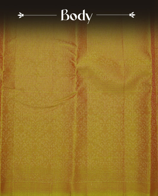 Mustard Colour soft silk saree featuring elegant self woven leaf motifs across the body, complemented by a richly woven self design pallu, paired with a matching plain blouse piece.
