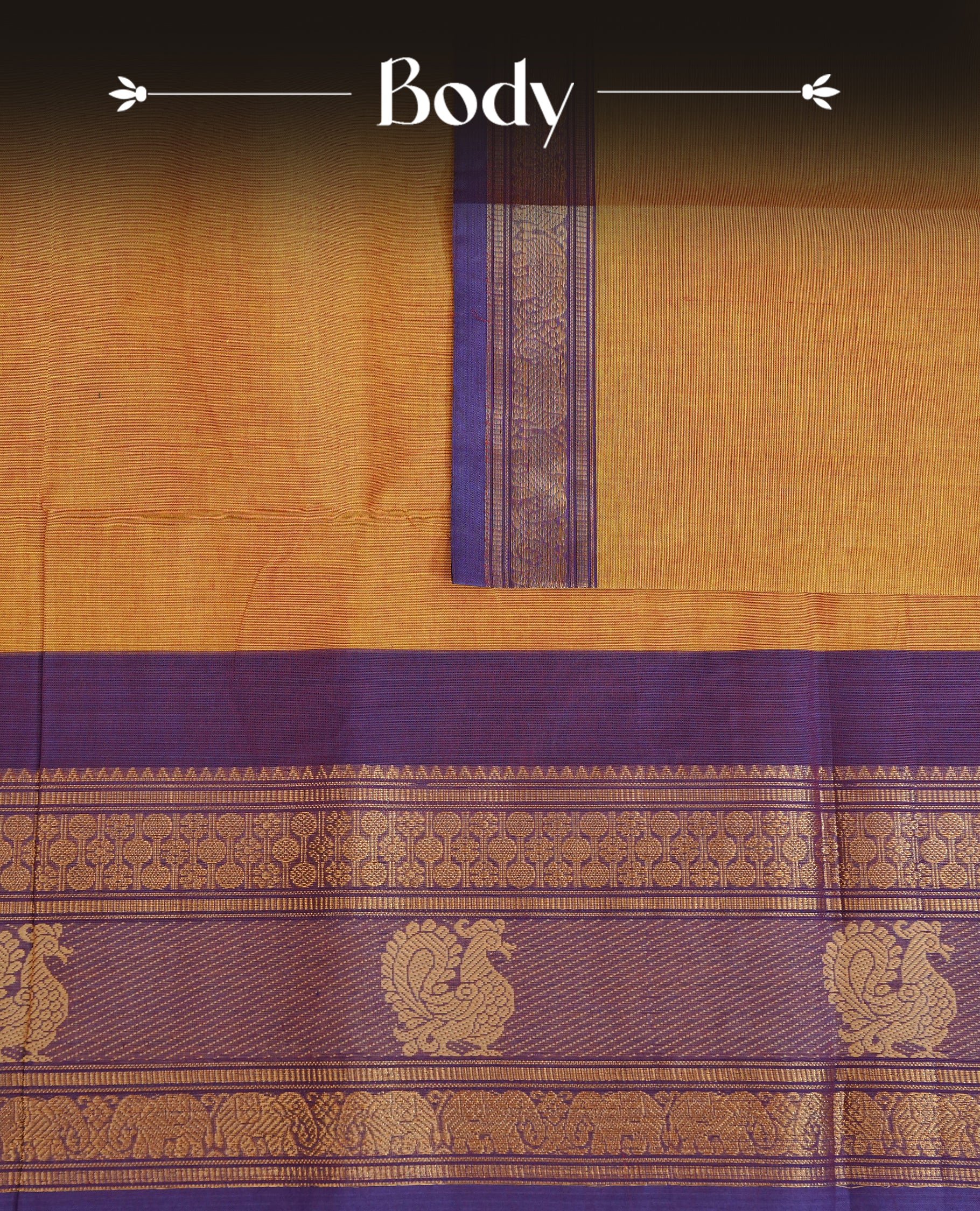 Olivr & Red Colour Chettinad Cotton Saree Featuring a Plain Body, Complemented by a Violet Colour Border with Peacock Pattern Gold Zari, Paired with a Matching Blouse Piece.