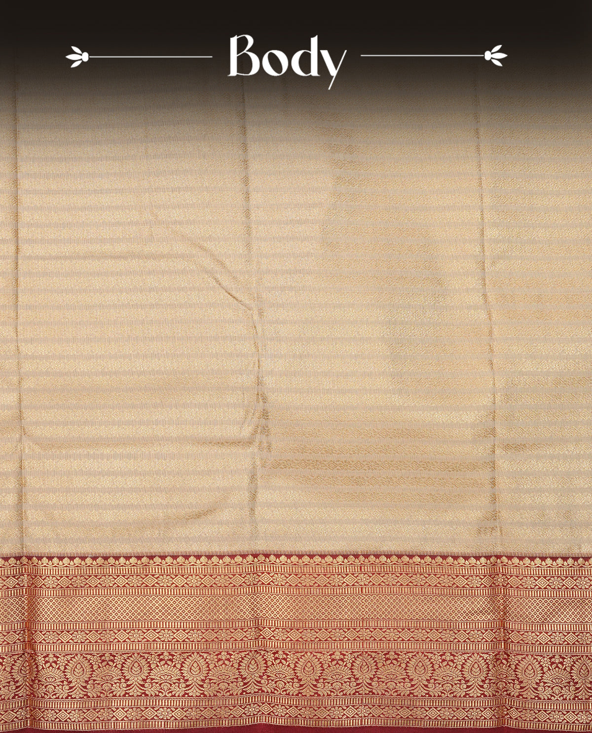 Beige colour semi wedding saree featuring gold zari stripes across the body, complemented by maroon colour with traditional border. Comes with a matching blouse piece.