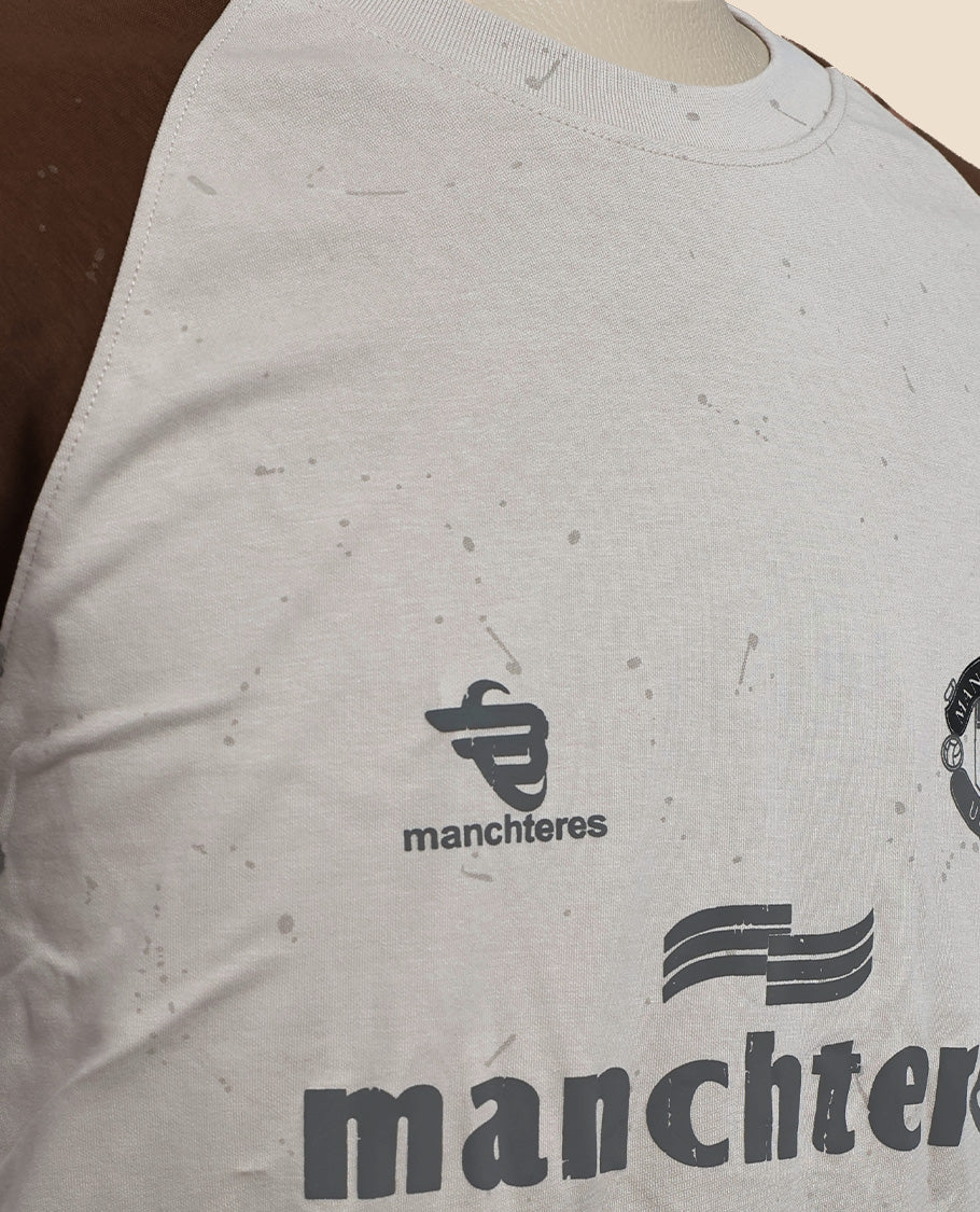 Grey colour Tshirt featuring round design neck, elegant Design body with a text & Brown colour on shoulder, Half sleeve.