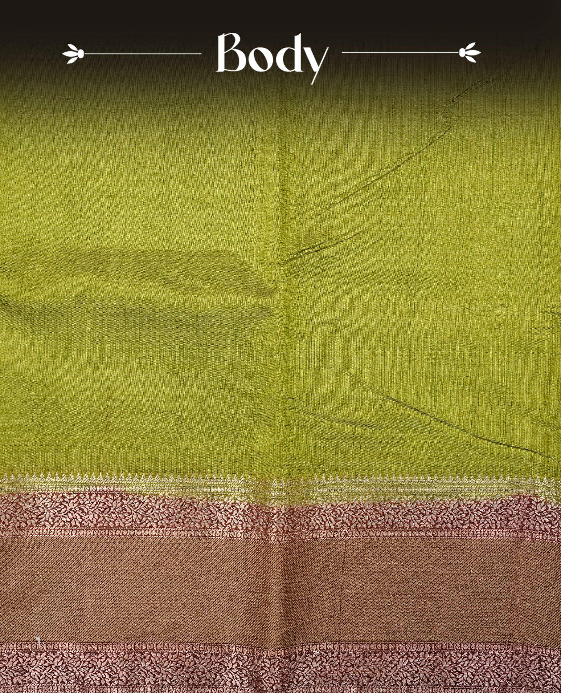 Green colour Tussar saree featuring Elegant plain body, complemented by Contrast chocolate colour with traditional border, comes with matching blouse piece.
