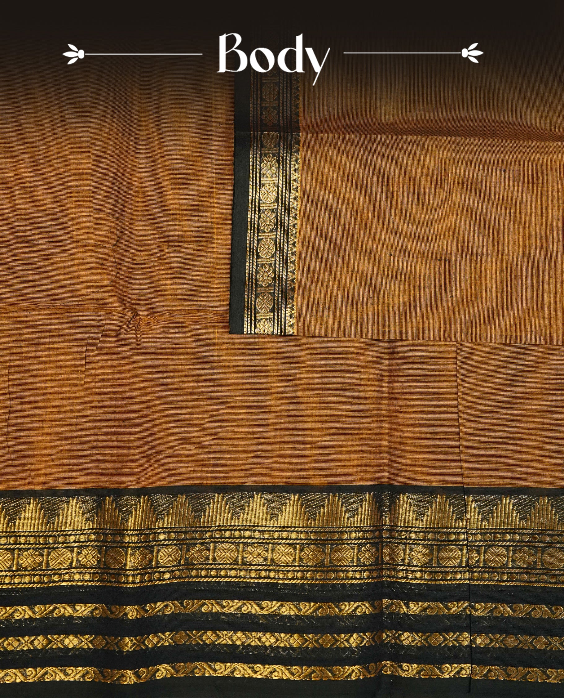 Mustard colour chettinad cotton saree featuring elegant plain body, complemented by contrast Black colour with gold zari border, comes with matching blouse piece.