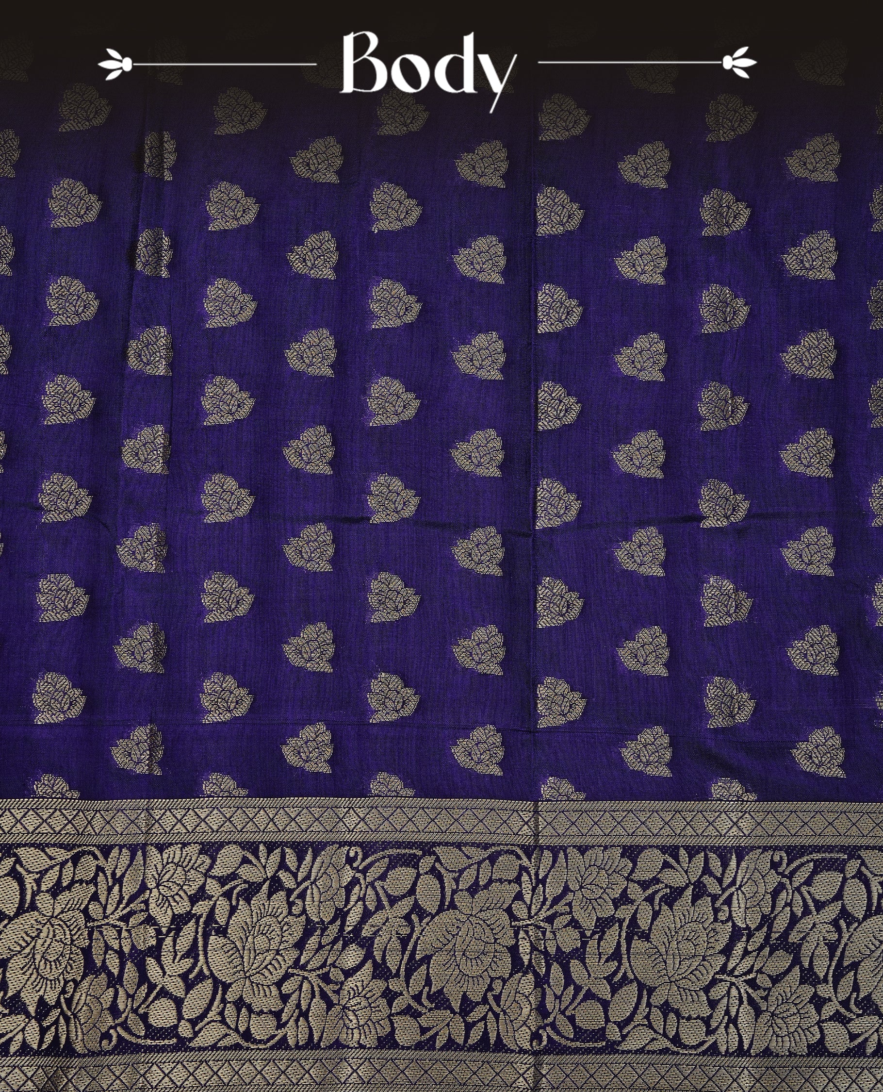 Indigo colour semi Tussar silk saree featuring an elegant plain body, complemented by a self colour border adorned with traditional gold zari floral kodi patterns. Comes paired with a matching blouse piece.