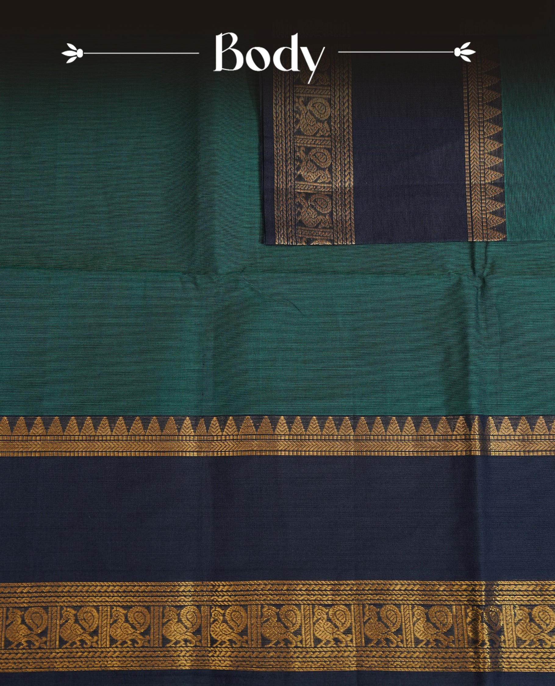 Teal colour chettinad cotton saree featuring Elegant plain body,Contrast Blue colour with Gold zari border, comes with matching blouse piece.