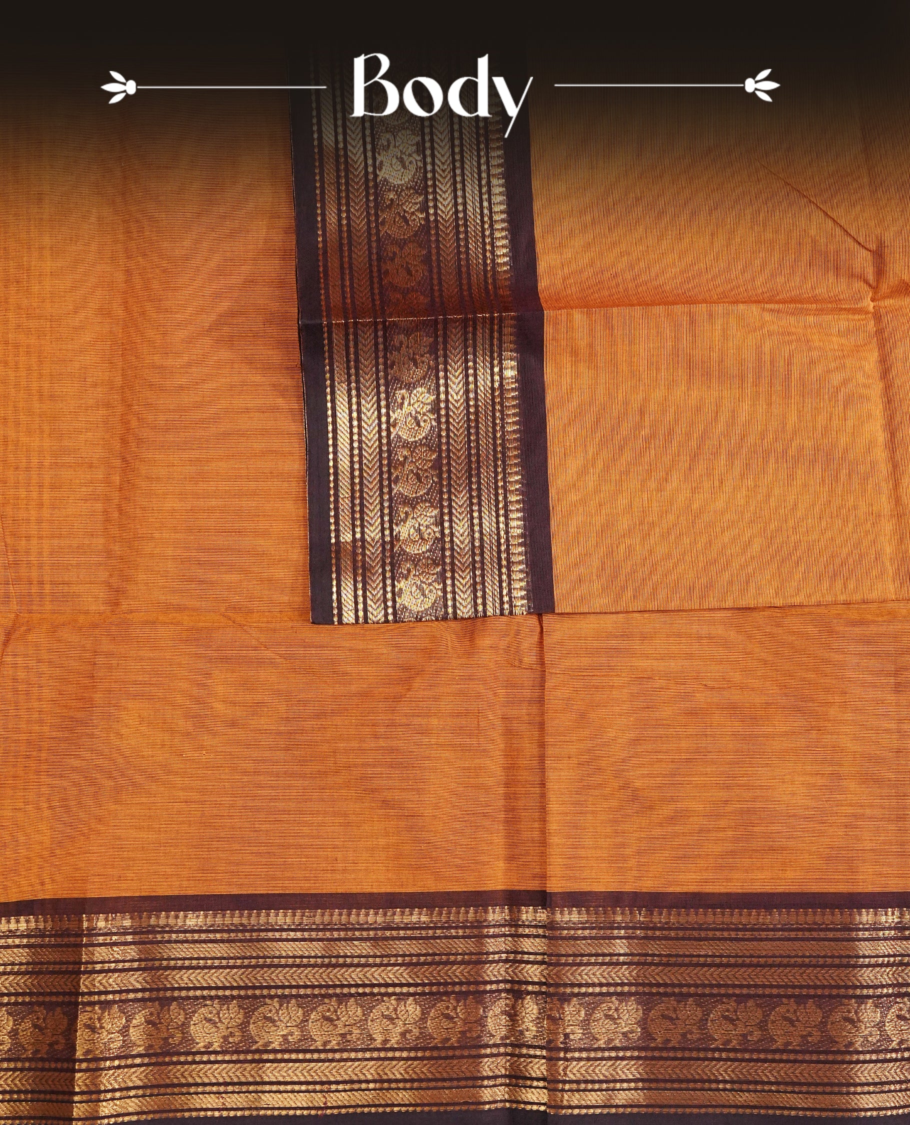 Mustard colour chettinad cotton saree Featuring Elegant plain body, complemented by contrast black colour with zari border, comes with matching blouse piece.
