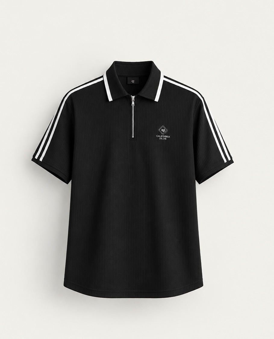 Black colour t shirt featuring collar design neck, elegant plain body with white on shoulder, Half sleeve.