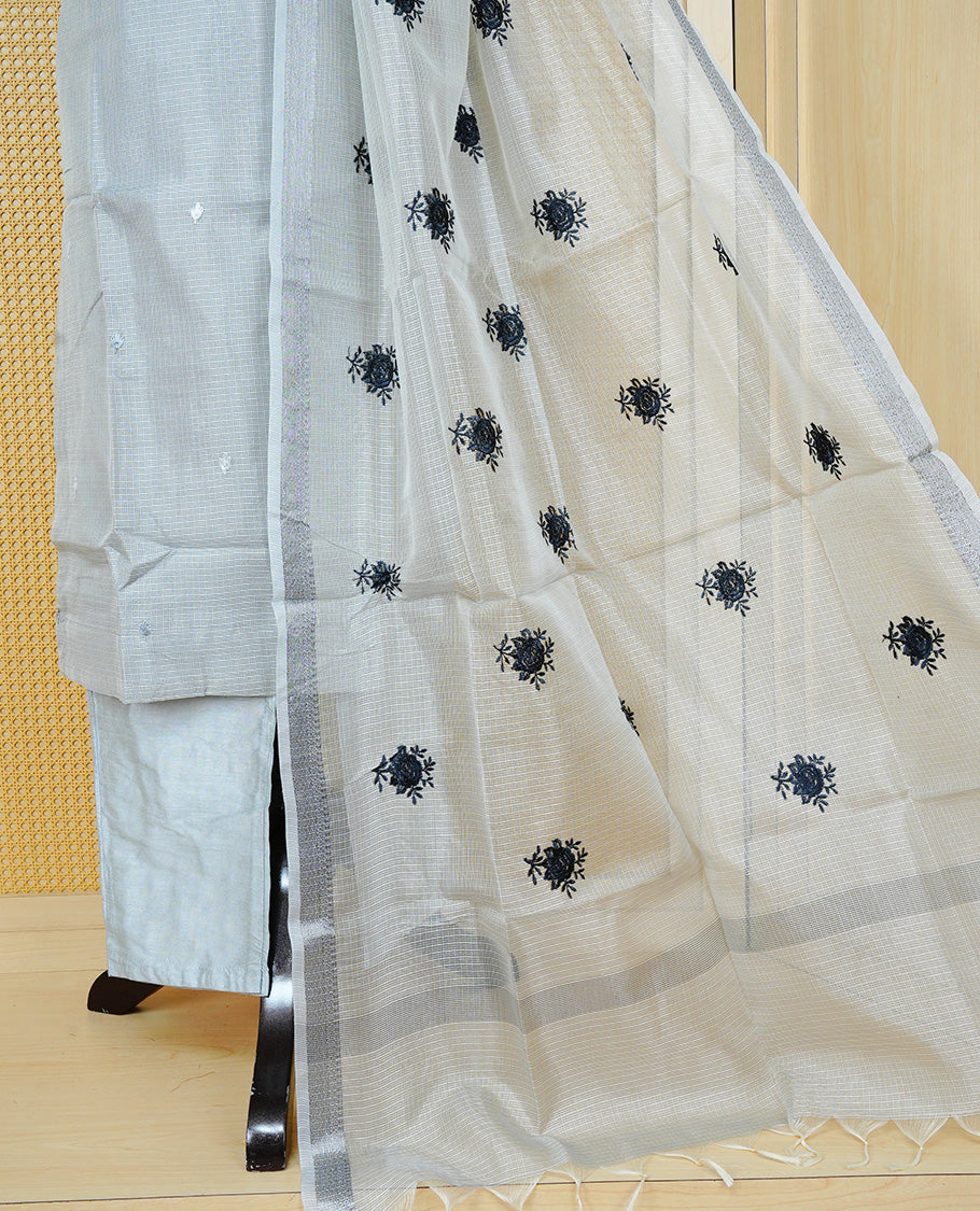 Pastel Grey Tissue  Churidar set featuring elegant floral embroidery and bead work on the yoke, paired with matching solid pants and  dupatta.