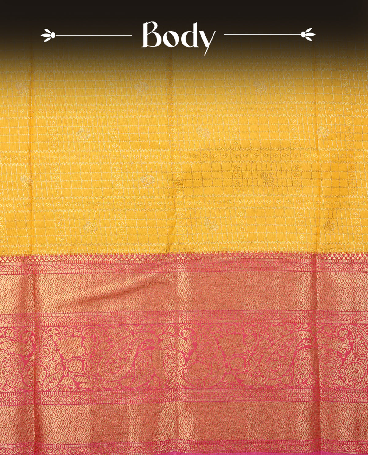 Yellow colour semi wedding saree featuring gold zari check with peacocok motifs on body complemented by contrast magenta colour with traditional border, comes with macthing blouse piece.