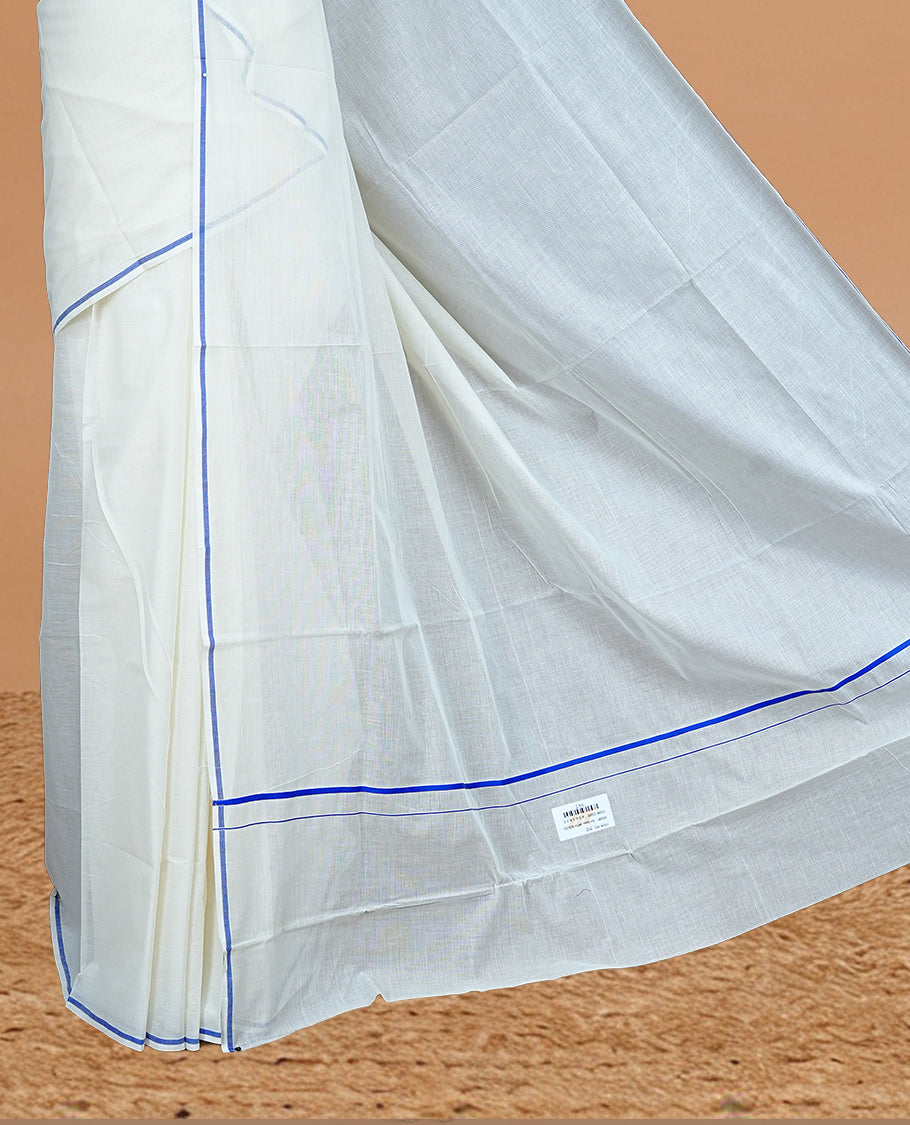 Cream Colour cotton Kerala Saree Featuring A Plain Body, Enhanced By A Minimalistic Blue Border, Paired With A Matching Blouse Piece.