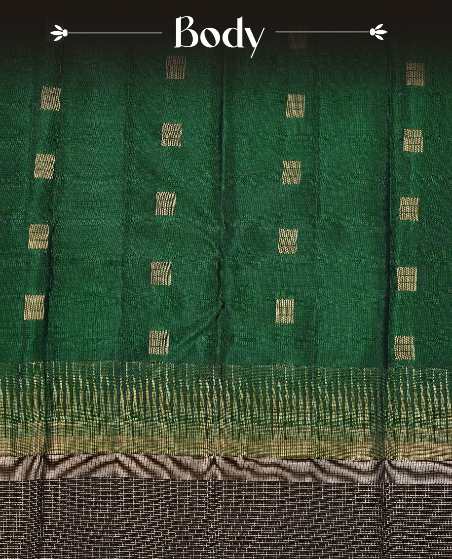 Green colour Kancheepuram silk saree featuring Gold zari box Motifs on body, complemented by Black colour with Traditional border, comes with matching blouse piece.