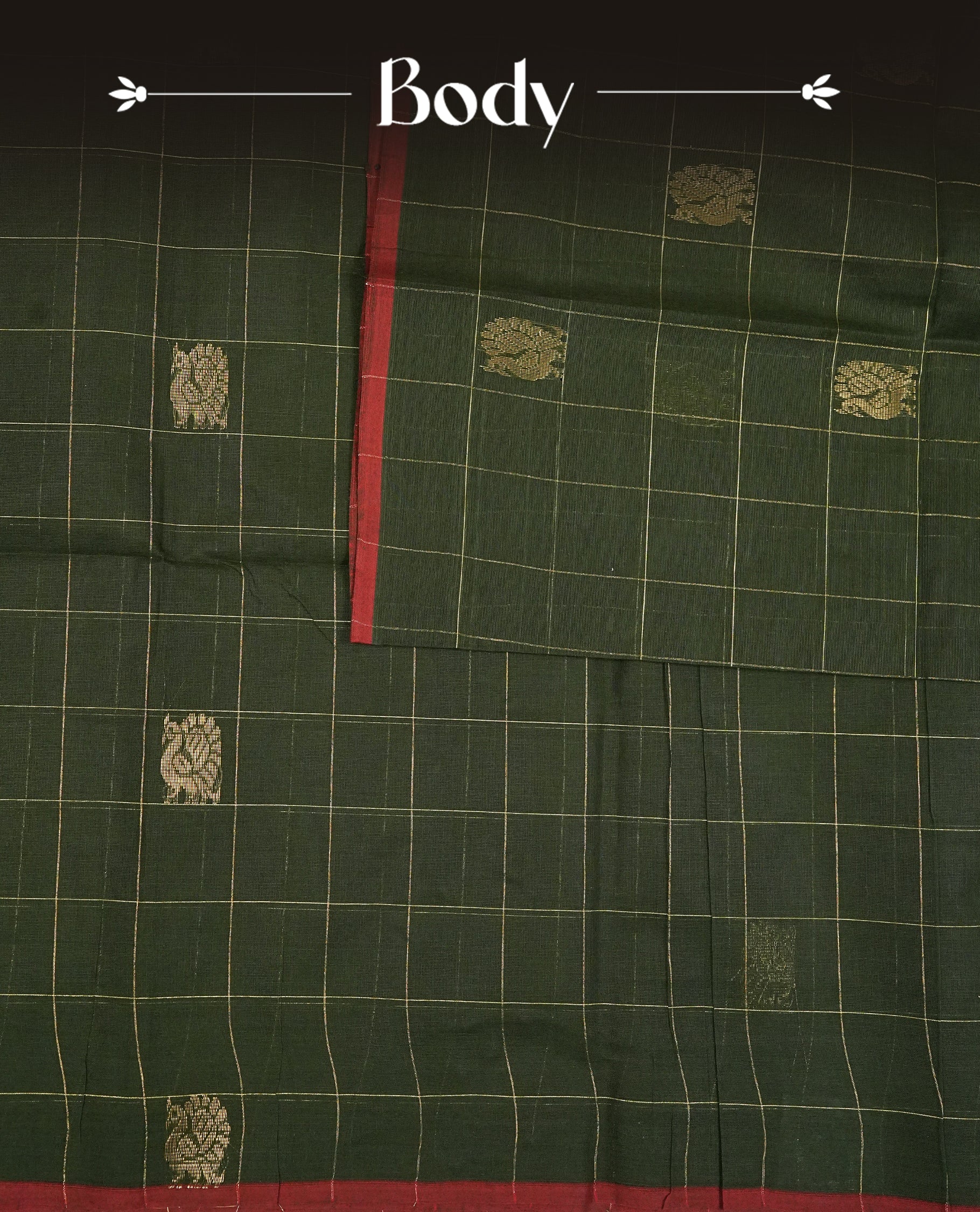 Dark Green Colour Chettinad Cotton Saree Featuring Gold Zari Checks with Peacock Motifs on the Body, Complemented by a Minimal Maroon Border and a Grand Gold Zari Pallu, Paired with a Matching Blouse Piece.