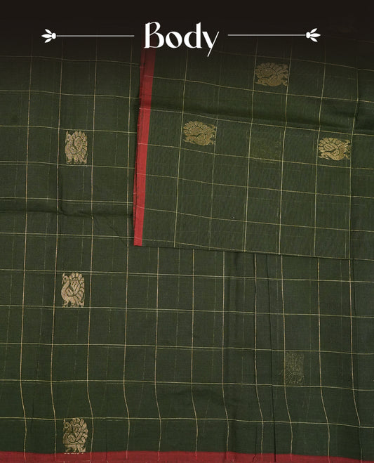 Dark Green Colour Chettinad Cotton Saree Featuring Gold Zari Checks with Peacock Motifs on the Body, Complemented by a Minimal Maroon Border and a Grand Gold Zari Pallu, Paired with a Matching Blouse Piece.