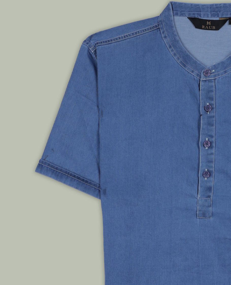 Blue colour short sleeve shirt with a clean solid design, featuring a band collar, chest pocket, and buttoned half placket, A versatile, minimal look that blends comfort and smart style for everyday wear.