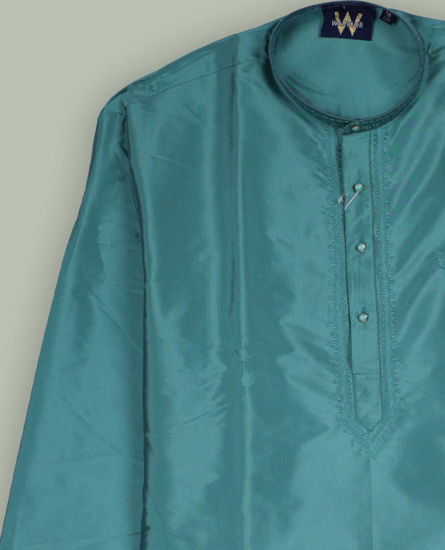 Rich turquoise blue colour mens kurta featuring elegant embroidery on the neckline & Crafted in a refined style with full sleeves, offering a perfect blend of tradition.