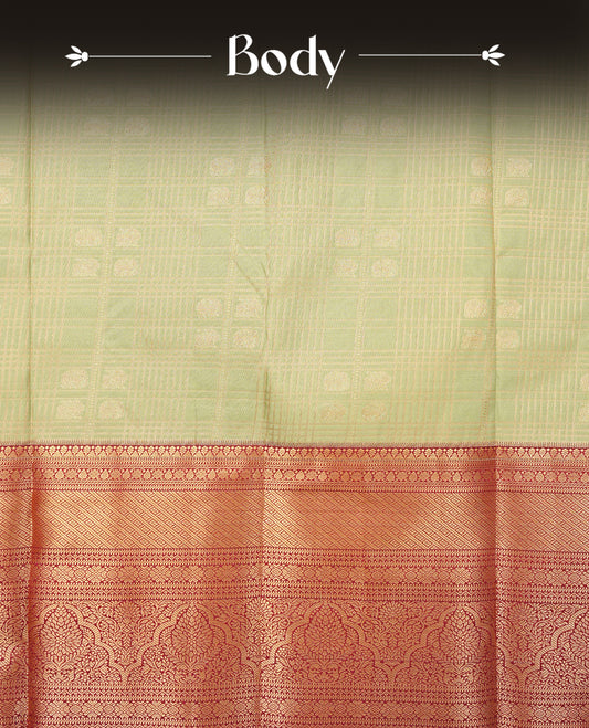 Pista colour semi wedding saree featuring gold zari check with elephant motifs on body complemented by contrast maroon colour with traditional border, comes with matching blouse piece.