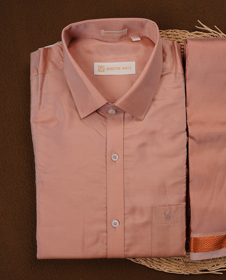 Dark copper colour MINISTER WHITE shirt paired with a matching dhoti, finishing with a copper border
