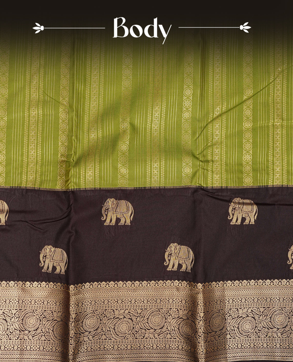 Pista green colour semi wedding silk saree featuring gold zari stripes on body, contrast dark chocolate colour with traditional border on body, rich pallu comes with matching blouse piece