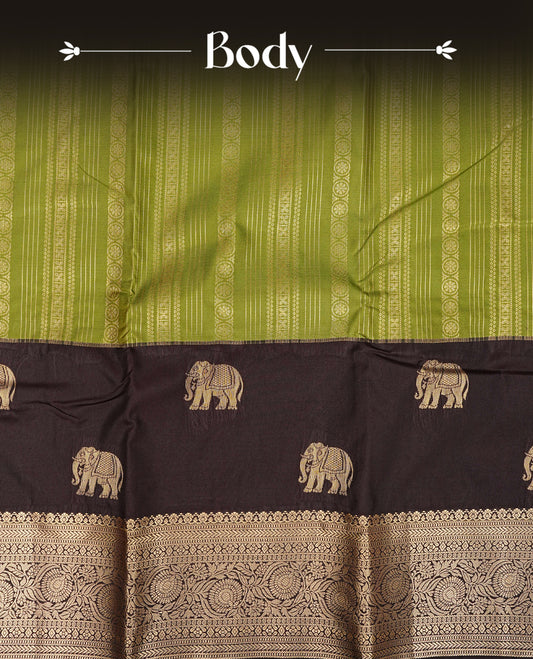 Pista green colour semi wedding silk saree featuring gold zari stripes on body, contrast dark chocolate colour with traditional border on body, rich pallu comes with matching blouse piece