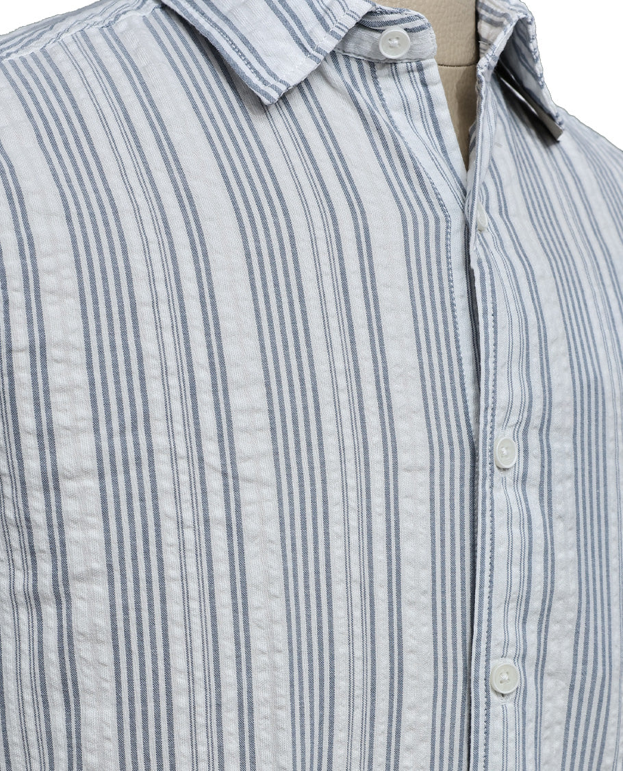 Off white colour shirt with Blue colour strip patterned body, Full sleeve.