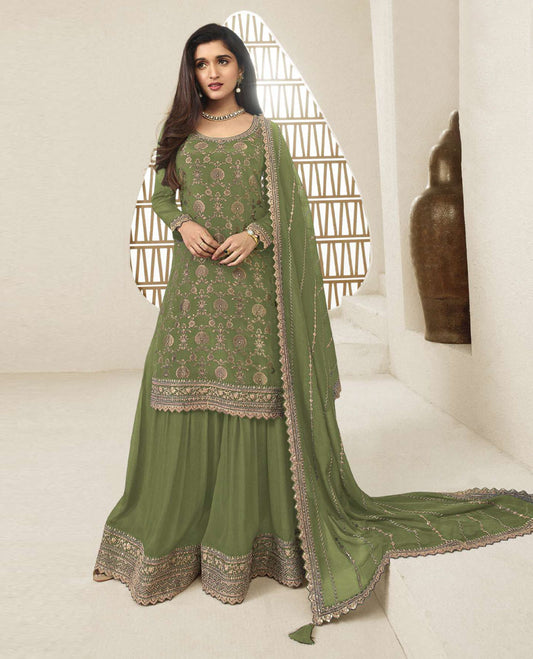 Olive green colour semi stitched salwar suit featuring an embroidered chinon top material paired with a matching sharara  bottom, and dupatta.