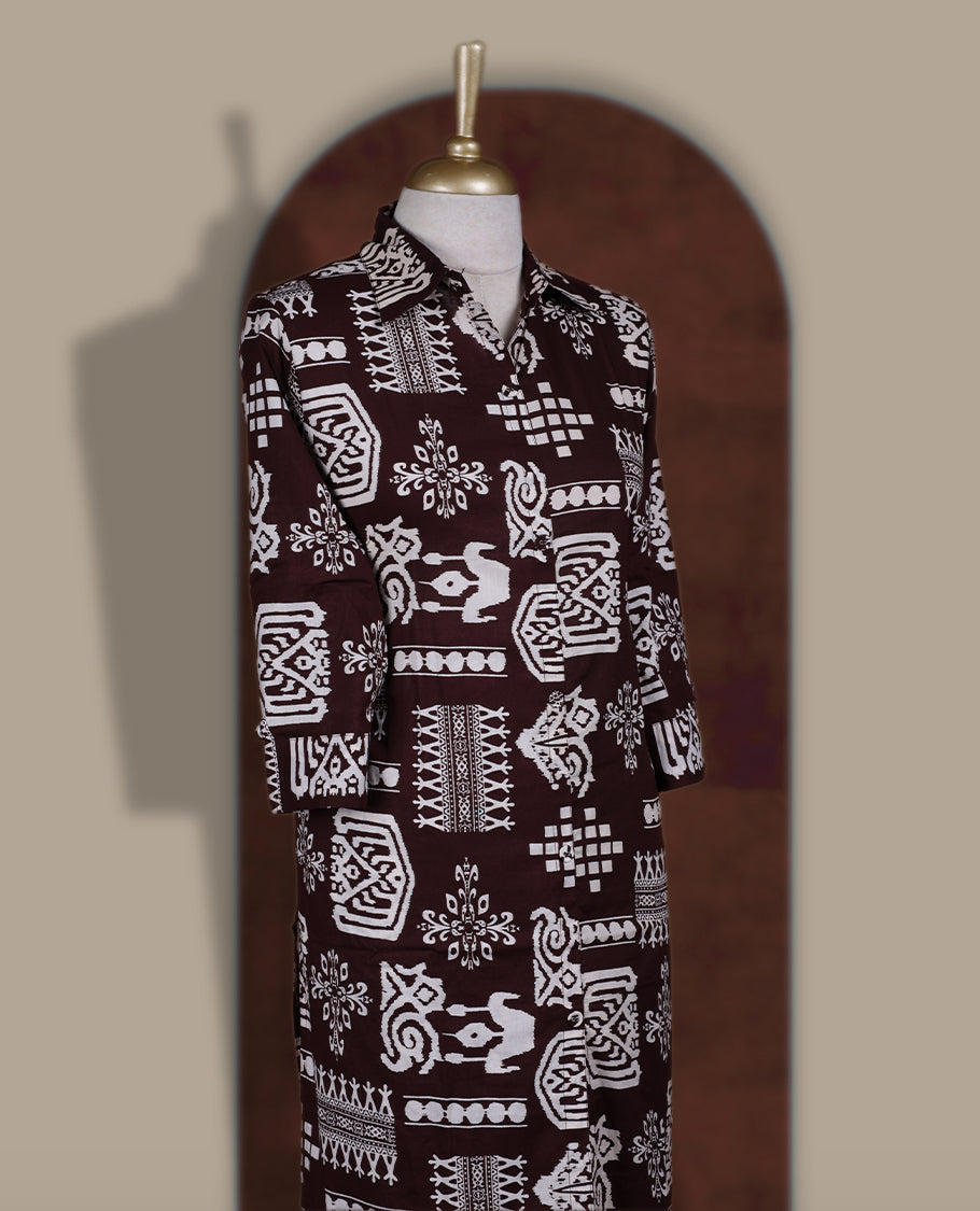 Deep brown colour cotton coord set featuring charming bold off white prints all over, Designed with a classic shirt collar and 3/4 sleeves, paired with matching straight pants for a trendy, relaxed, and comfy everyday look.
