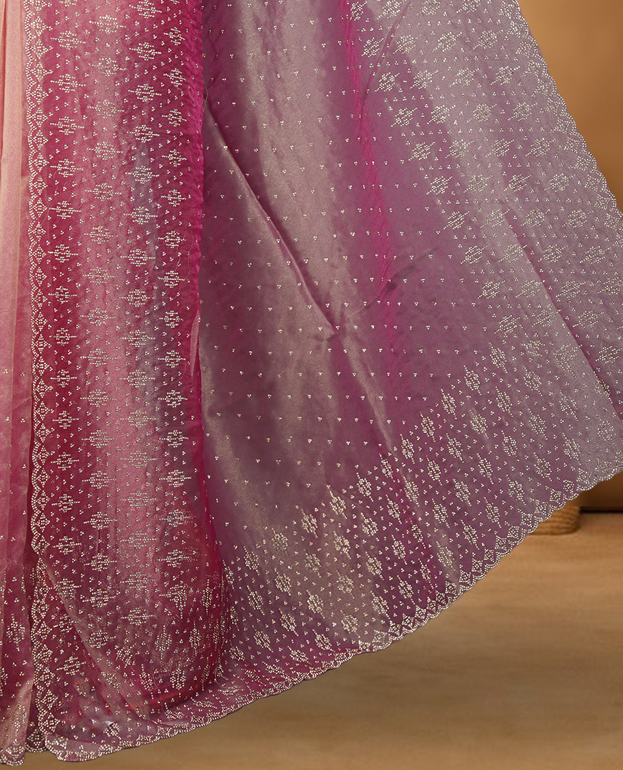 Pink Colour Shimmer Designer Saree featuring Delicate White Stone Scattered Work on the Body, enhanced with Intricate Stone Detailing on the Border and Pallu, paired with a Matching Blouse.