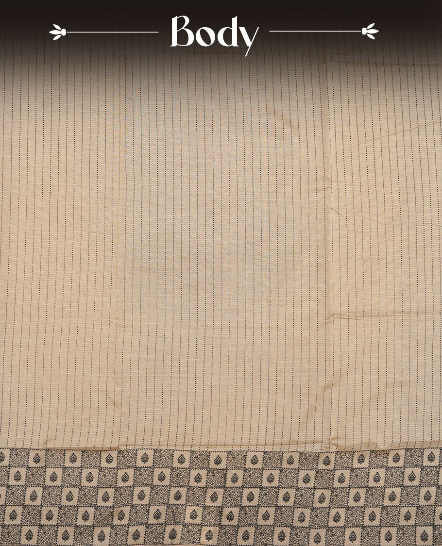 Dark Beige colour poly cotton saree with black vertical dotted line pattern on the body, paired with a matching pallu featuring black zigzag geometric border, and a coordinated all‑over black stylised fleur‑de‑lis printed blouse piece.