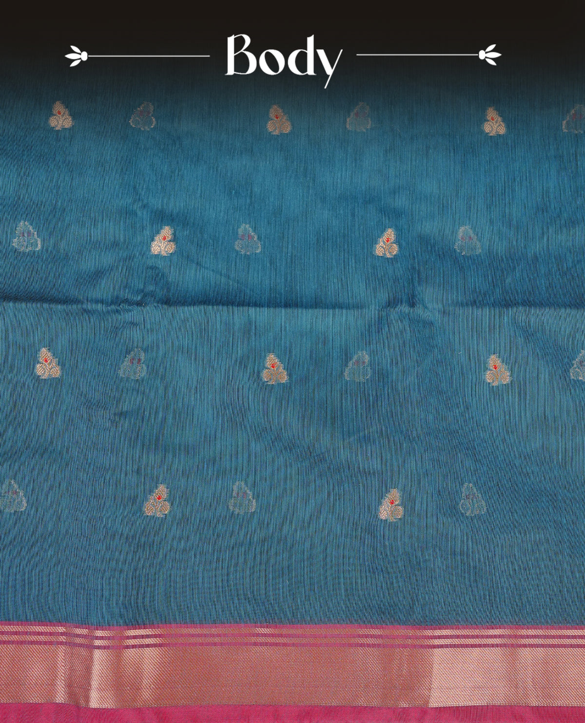 Teal blue colour Maheshwari cotton saree, gold zari floral motifs on body, complement light magenta colour gold zari border comes with matching blouse.