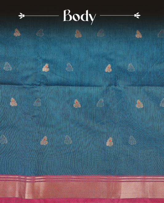 Teal blue colour Maheshwari cotton saree, gold zari floral motifs on body, complement light magenta colour gold zari border comes with matching blouse.